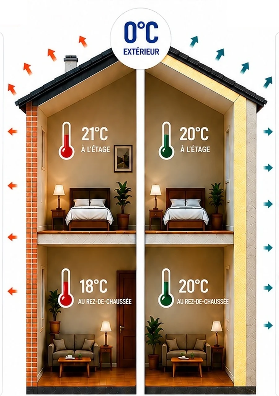 Comparaison entre une maison peu ou pas isolée et une maison isolée par l’extérieur : 21 °C à l’étage et 18 °C au rez-de-chaussée d’un côté, 20 °C aux deux niveaux de l’autre, pour 0 °C extérieur
