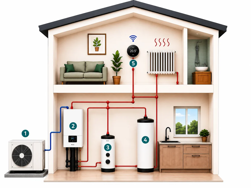 Schéma d’une installation de pompe à chaleur air/eau : unité extérieure, module intérieur, ballon tampon, ballon d’eau chaude sanitaire et thermostat connecté
