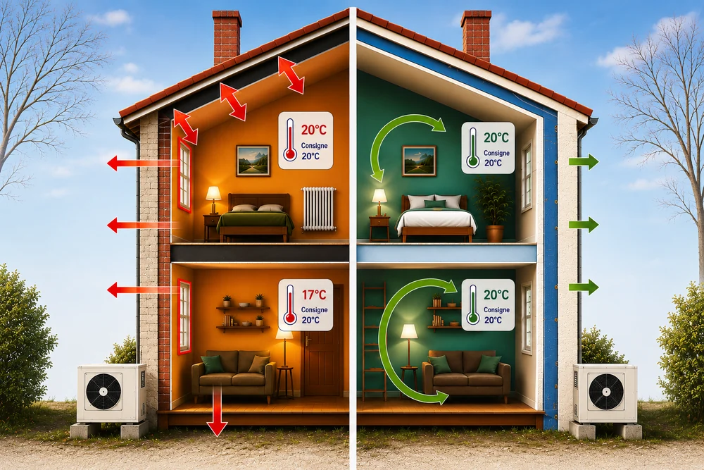 Comparaison entre une maison peu isolée équipée d’une pompe à chaleur et une maison isolée par l’extérieur équipée d’une pompe à chaleur